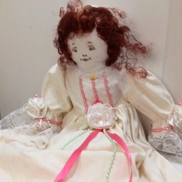 Hand Made Cloth Doll W/ Lace Dress With Embroidered Detail - Picture 2 of 9